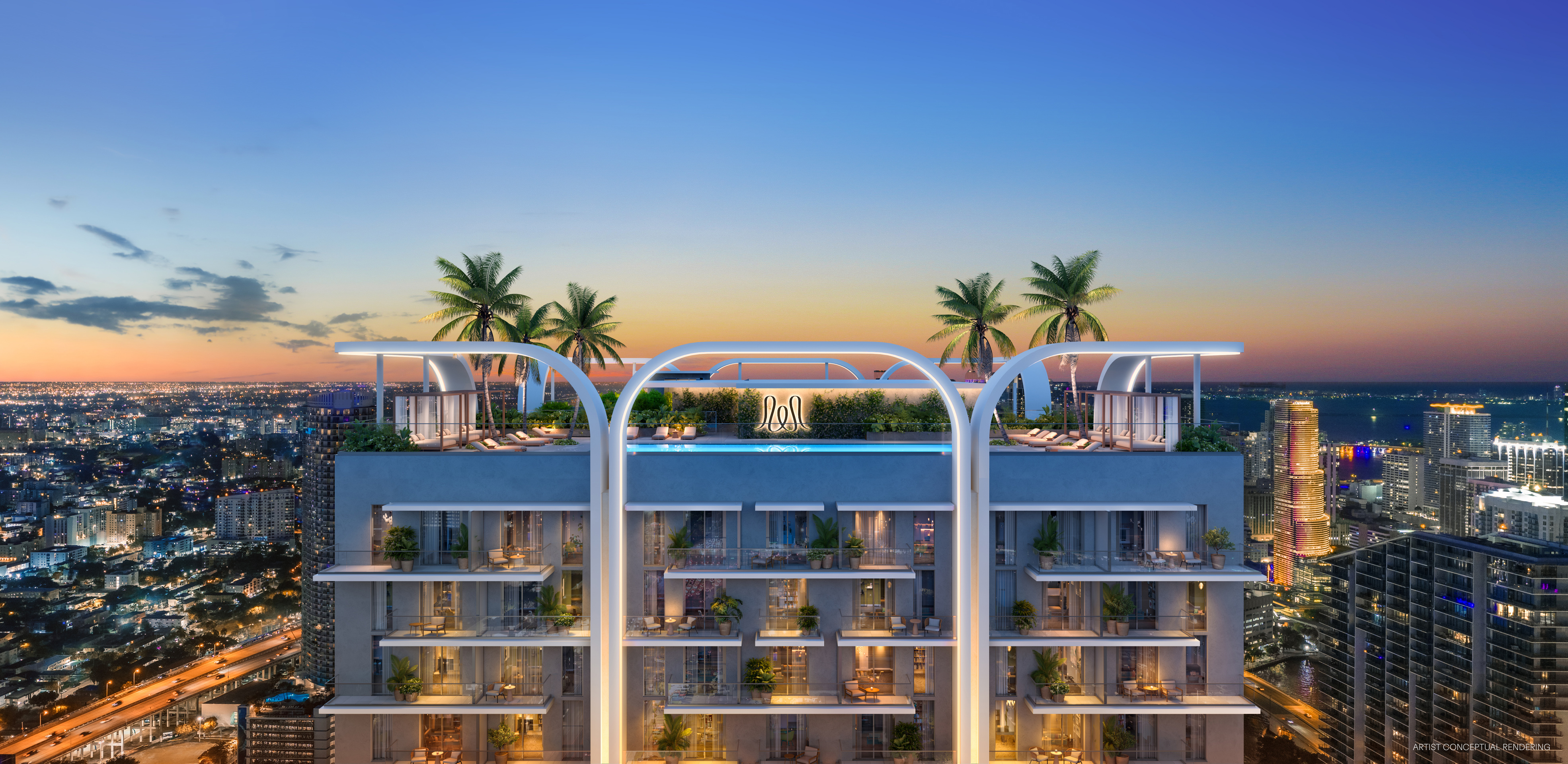 Luxury residential rooftop at sunset