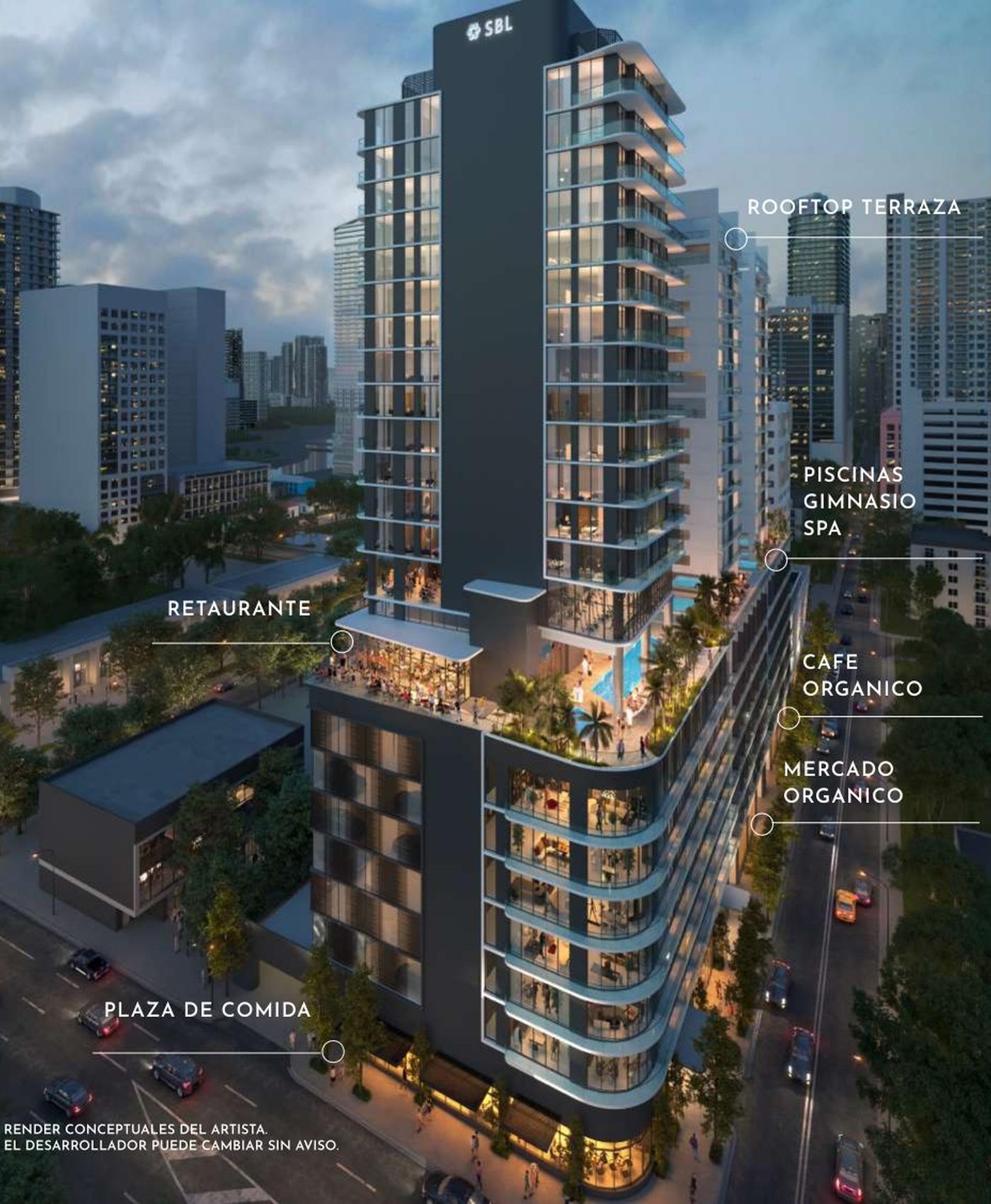 Amenidades de Smart Brickell organizadas por nivel: planta baja, nivel 8, nivel 22 y nivel 23