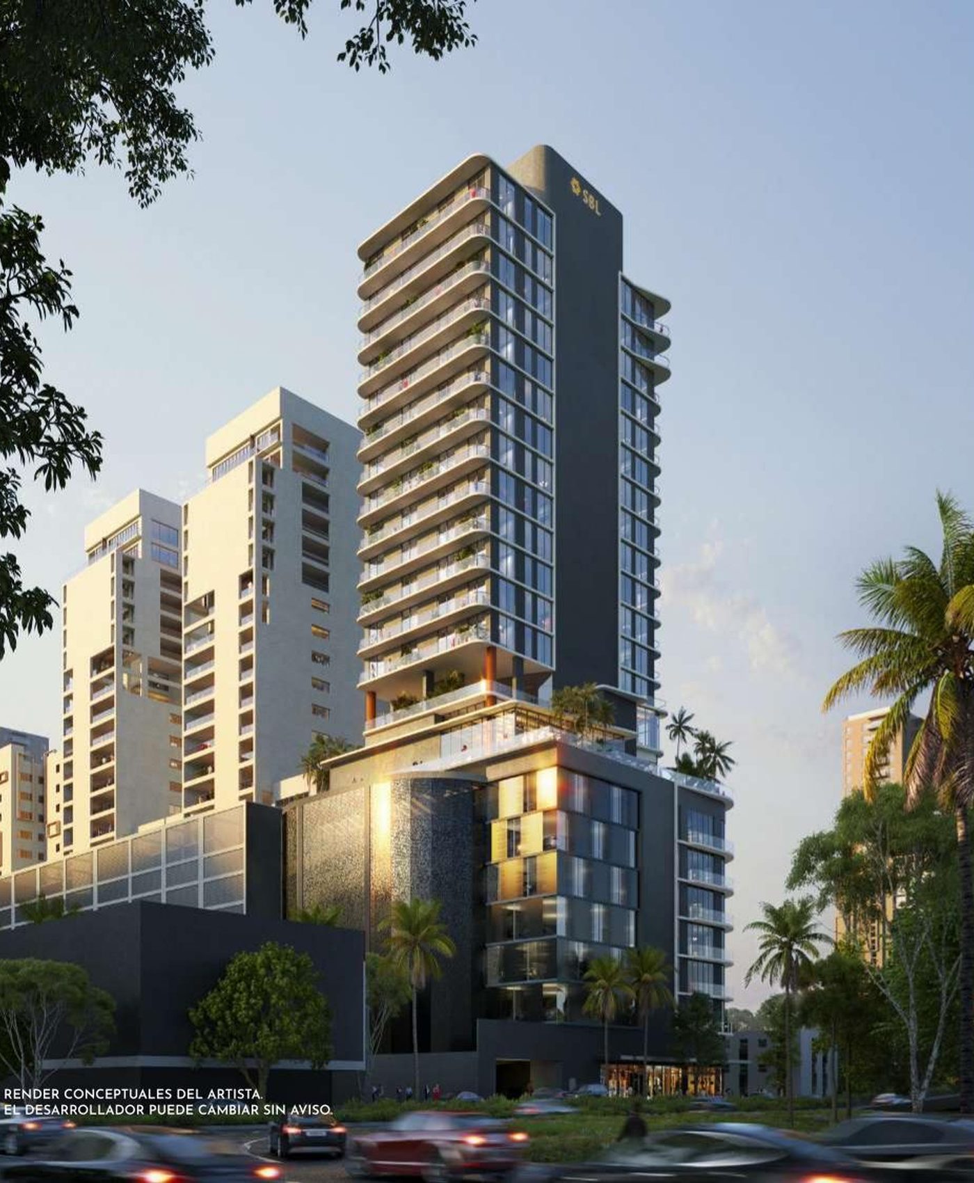 Render conceptual de la fachada de Smart Brickell LUXE al atardecer