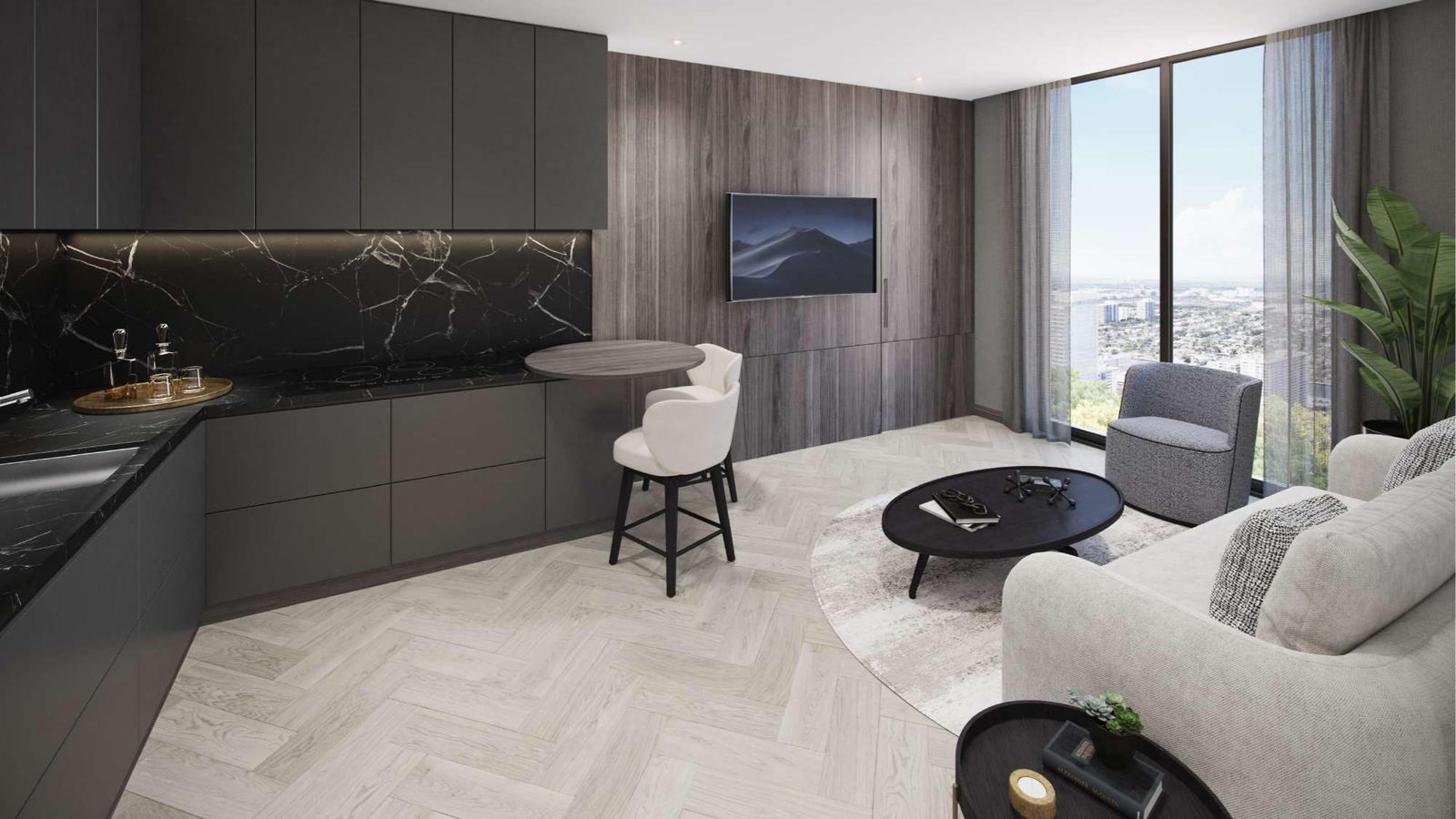 Espacio integrado de cocina y sala con vista panorámica