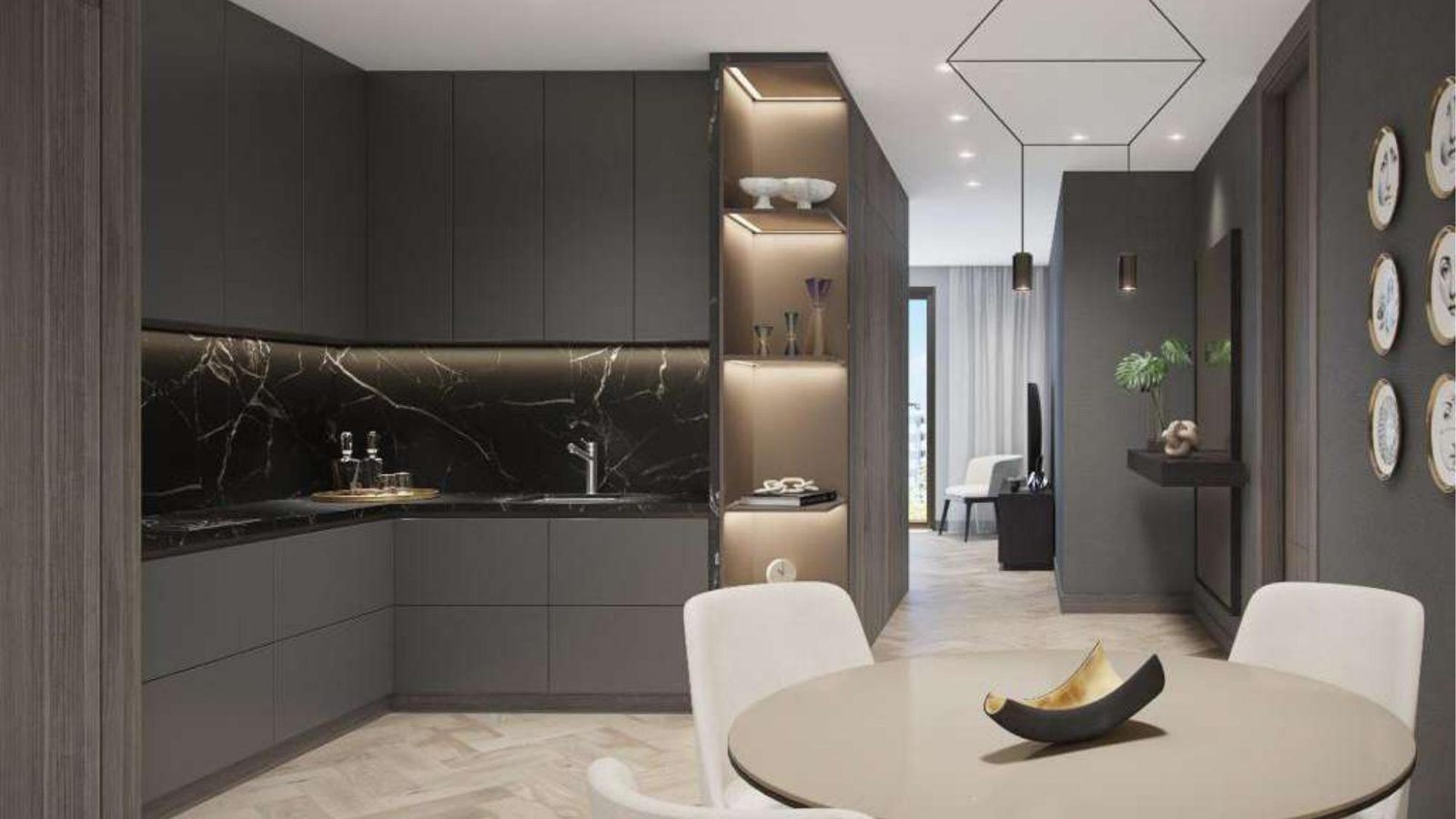 Cocina con encimera de mármol negro y gabinetes italianos