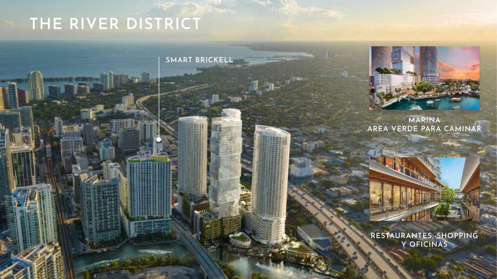 Vista aérea de la ubicación de Smart Brickell LUXE en relación al Miami River District