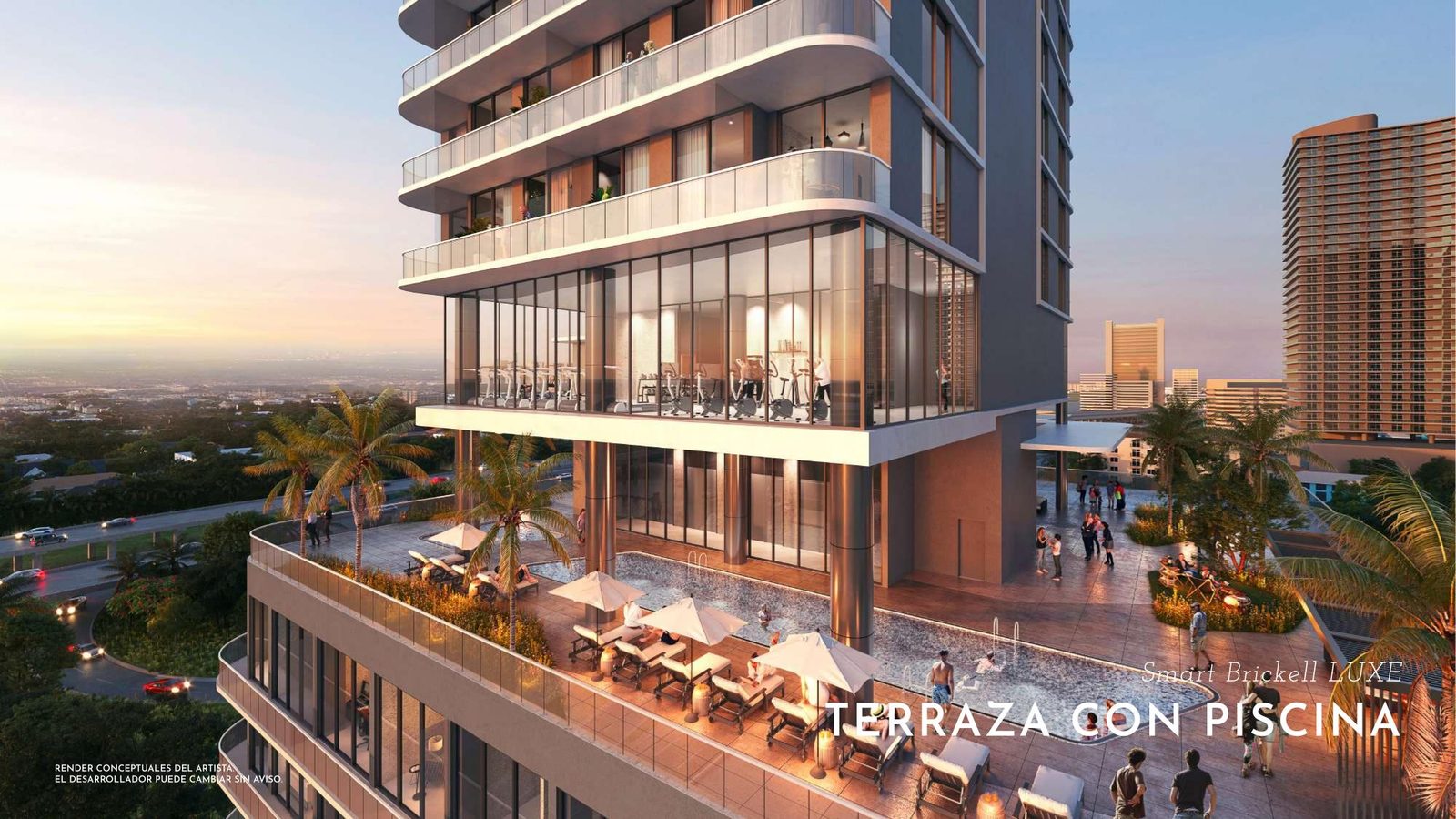 Terraza con piscina al atardecer en Smart Brickell LUXE